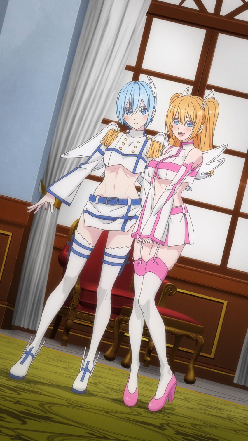 2.5_jigen_no_ririsa, 2girls, absurdres, amano_ririsa, anime_screenshot, blonde_hair, blue_eyes, blue_hair