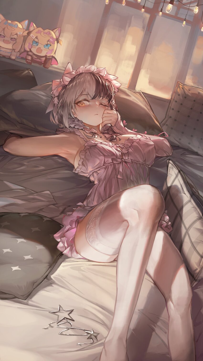 1girl, arm_warmers, black_hair, bow, braid, breasts, character_doll, closed_mouth