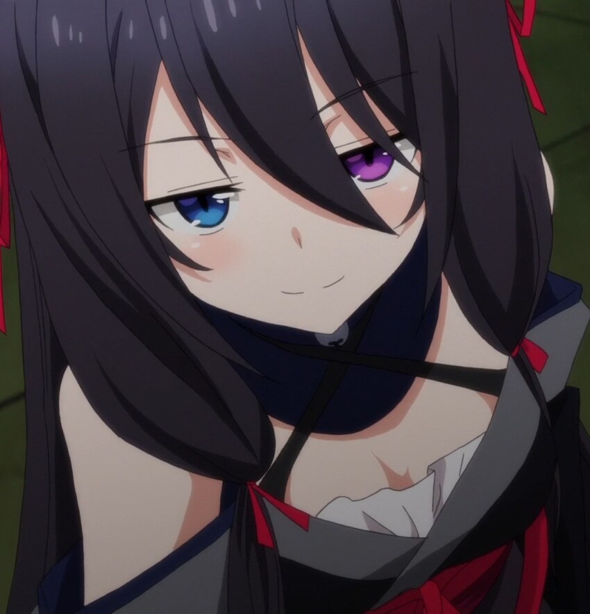 1girl, anime_screenshot, bare_shoulders, black_hair, black_kimono, black_yukata, blue_eyes, blush