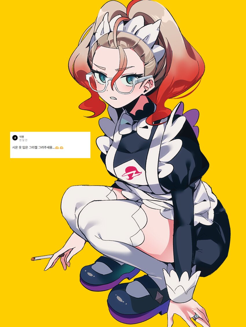 1girl, apron, black_romper, blue_eyes, blush, bow, bowtie, breasts