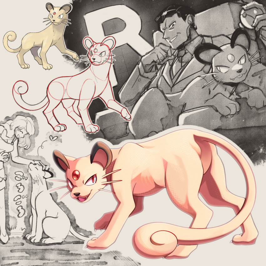 1boy, 1girl, beauty_(pokemon), beauty_(pokemon_frlg), cat, claws, commentary_request, fangs