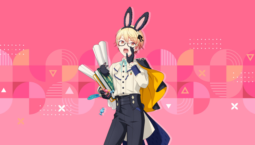 1boy, :o, animal_ears, aqua_ribbon, bespectacled, black_cape, black_corset, black_gloves, black_pants, black_ribbon, blonde_hair, blue_trim, book, brown-tinted_eyewear, buttons, candy, cape, carrot, change!_emu_wa_ojou_sama!?_(project_sekai), collared_shirt, colorful_palette, corset, cowboy_shot, dot_nose, fake_animal_ears, food, food-themed_ornament, frilled_sleeves, frills, game_cg, glasses, gloves, gradient_hair, hand_up, highres, holding, holding_book, holding_candy, holding_food, holding_paper, holding_quill, long_sleeves, male_focus, multicolored_hair, neck_ribbon, official_alternate_costume, official_art, open_mouth, orange_background, orange_cape, orange_eyes, orange_hair, pants, paper, pink_background, project_sekai, puffy_long_sleeves, puffy_sleeves, quill, rabbit_ears, ribbon, semi-rimless_eyewear, shirt, short_hair, solo, sweatdrop, teeth, tenma_tsukasa, third-party_source, tinted_eyewear, two-sided_fabric, two-tone_background, under-rim_eyewear, upper_body, upper_teeth_only, yellow_shirt