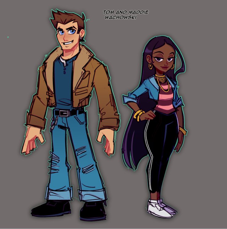 1boy, 1girl, arsworlds, black_hair, blue_eyes, brown_hair, commentary, dark-skinned_female