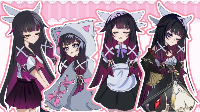 1girl, alternate_costume, animal_ears, animal_hood, apron, bare_shoulders, black_collar, black_dress