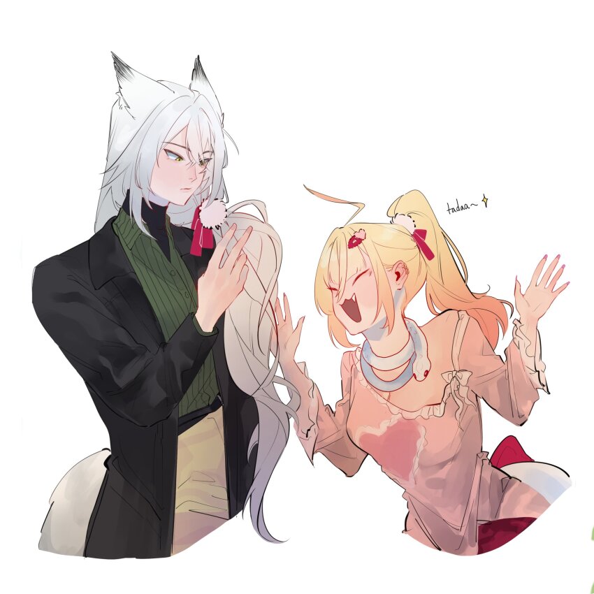 1boy, 1girl, ahoge, alternate_costume, alternate_hairstyle, animal_ear_fluff, animal_ears, black_coat