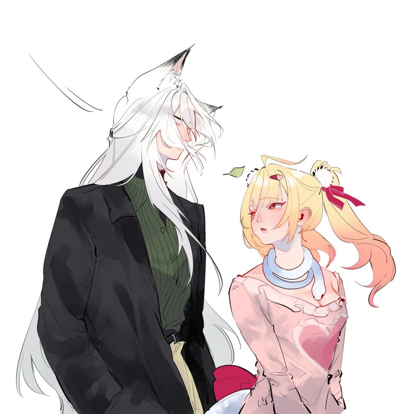 1boy, 1girl, ahoge, alternate_costume, animal_ear_fluff, animal_ears, black_coat, blonde_hair