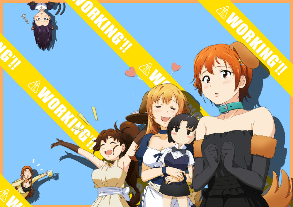 5girls, animal_ears, bad_id, bad_pixiv_id, cat_ears, cat_tail, character_doll, costume, dog_ears, doll, elbow_gloves, gloves, inami_mahiru, mikan_dakaran, multiple_girls, neogeon, shirafuji_kyouko, tail, takanashi_kozue, taneshima_popura, todoroki_yachiyo, tray, working!!, yamada_aoi