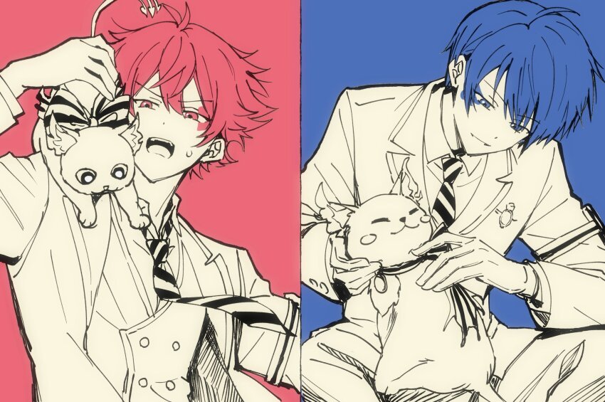 2boys, ace_trappola, blue_background, blue_eyes, blue_hair, closed_eyes, closed_mouth, commentary