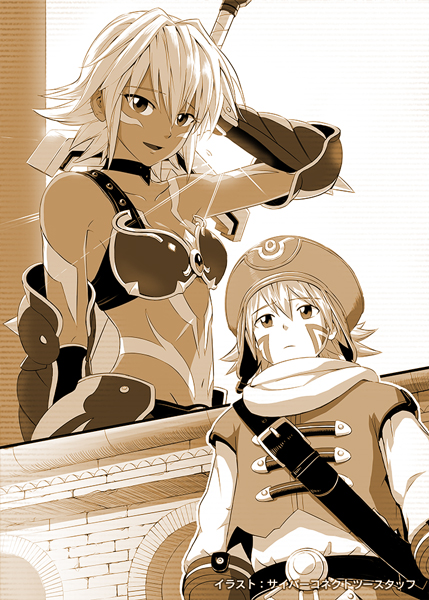 .hack//, .hack//games, 1boy, 1girl, arm_guards, arm_tattoo, arm_up, armor