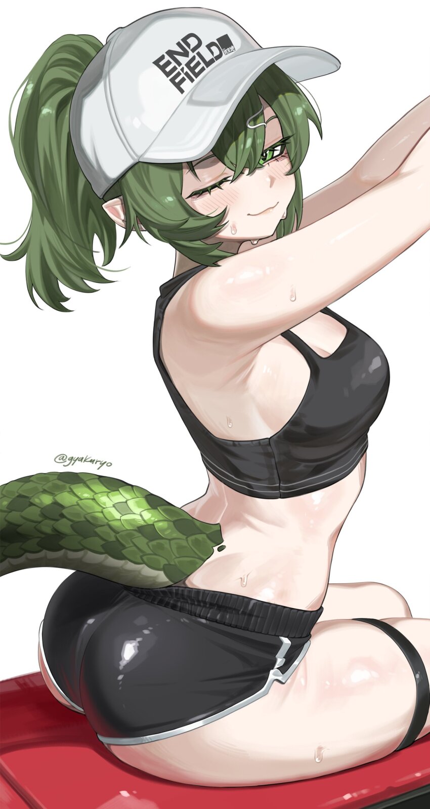 1girl, absurdres, akar1_akar1, arknights, arknights:_endfield, ass, baseball_cap, black_shorts, black_sports_bra, breasts, commentary, dolphin_shorts, english_commentary, fluorite_(arknights), green_eyes, green_hair, hat, highres, looking_at_viewer, medium_breasts, one_eye_closed, pointy_ears, ponytail, short_hair, shorts, simple_background, sitting, snake_girl, snake_tail, solo, sports_bra, sweat, tail, thigh_strap, thighs, twitter_username, white_background