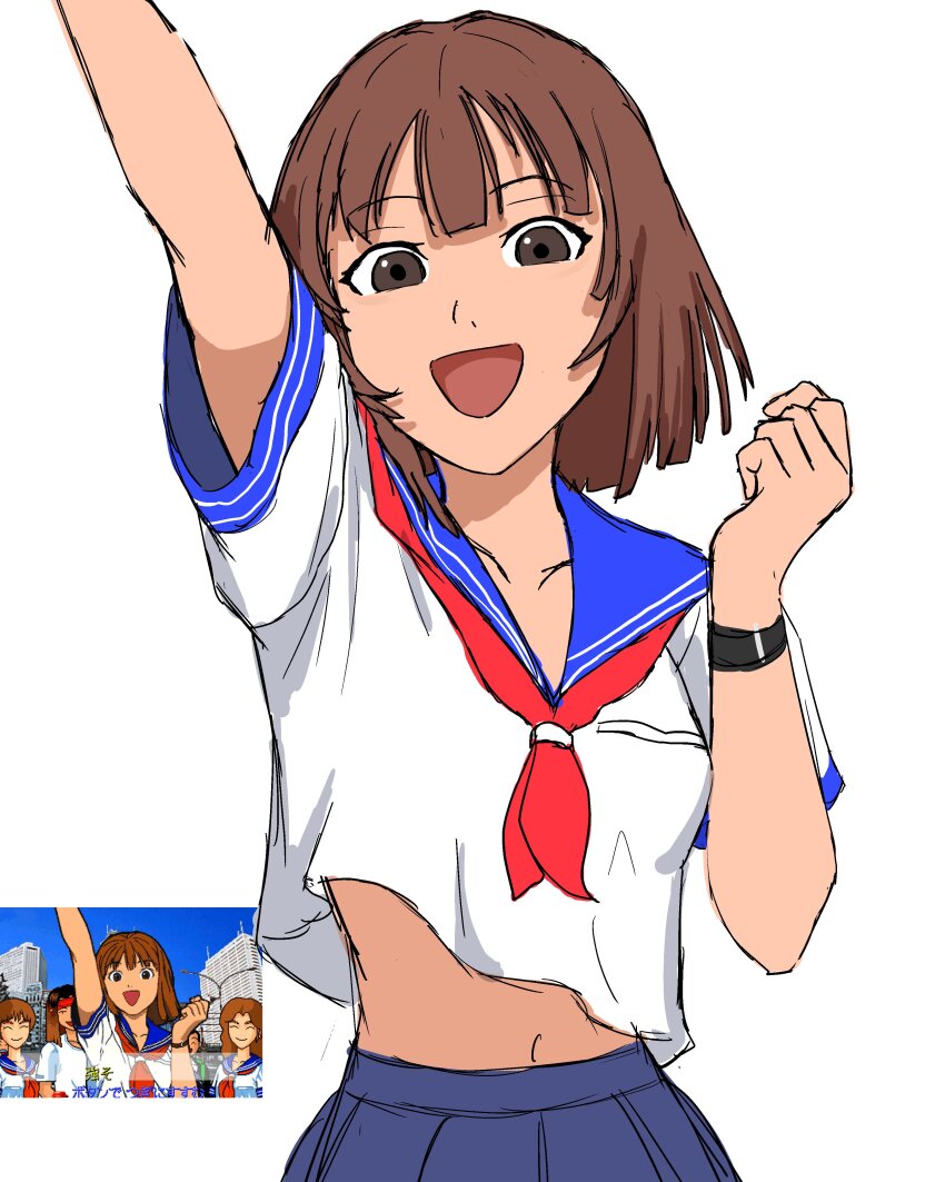 1girl, absurdres, blue_sailor_collar, blue_skirt, breast_pocket, brown_eyes, brown_hair, clenched_hand
