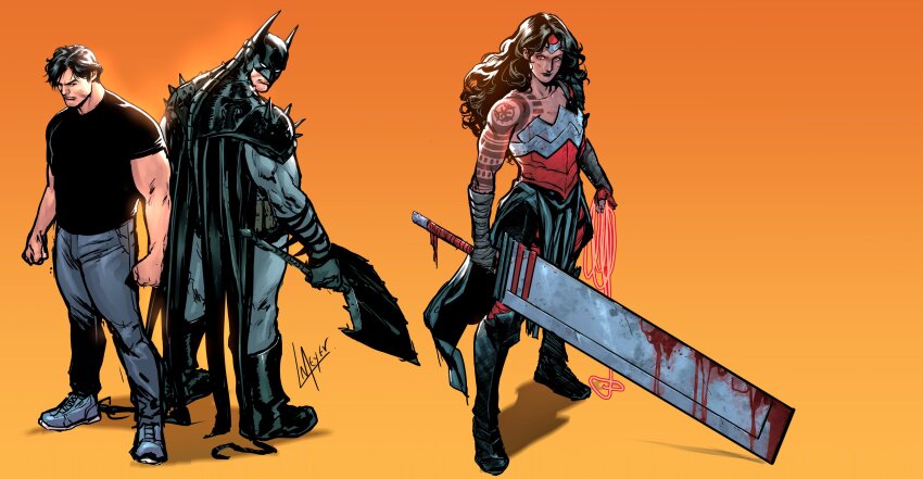 1girl, 2boys, absolute_batman, absolute_dc, absolute_superman, absolute_wonder_woman, absurdres, back_spikes