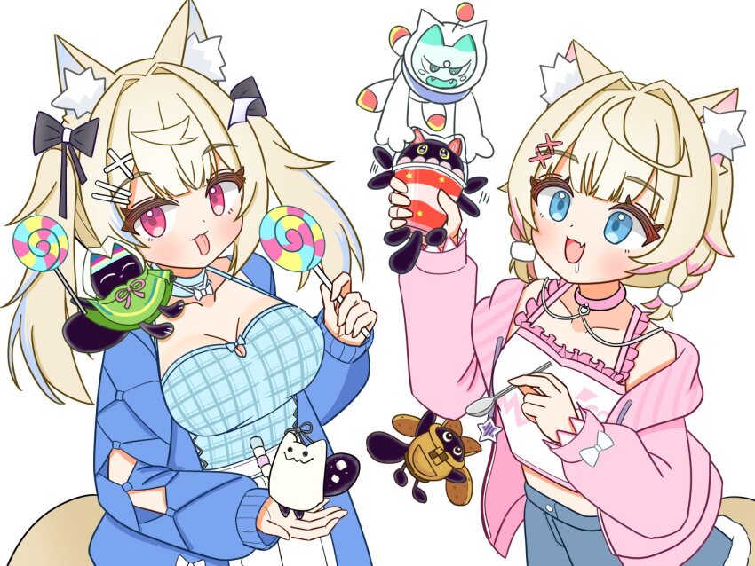 blonde_hair, blue_eyes, breasts, candy, cooky_yummy, cupsy_yummy, food, fuwawa_abyssgard