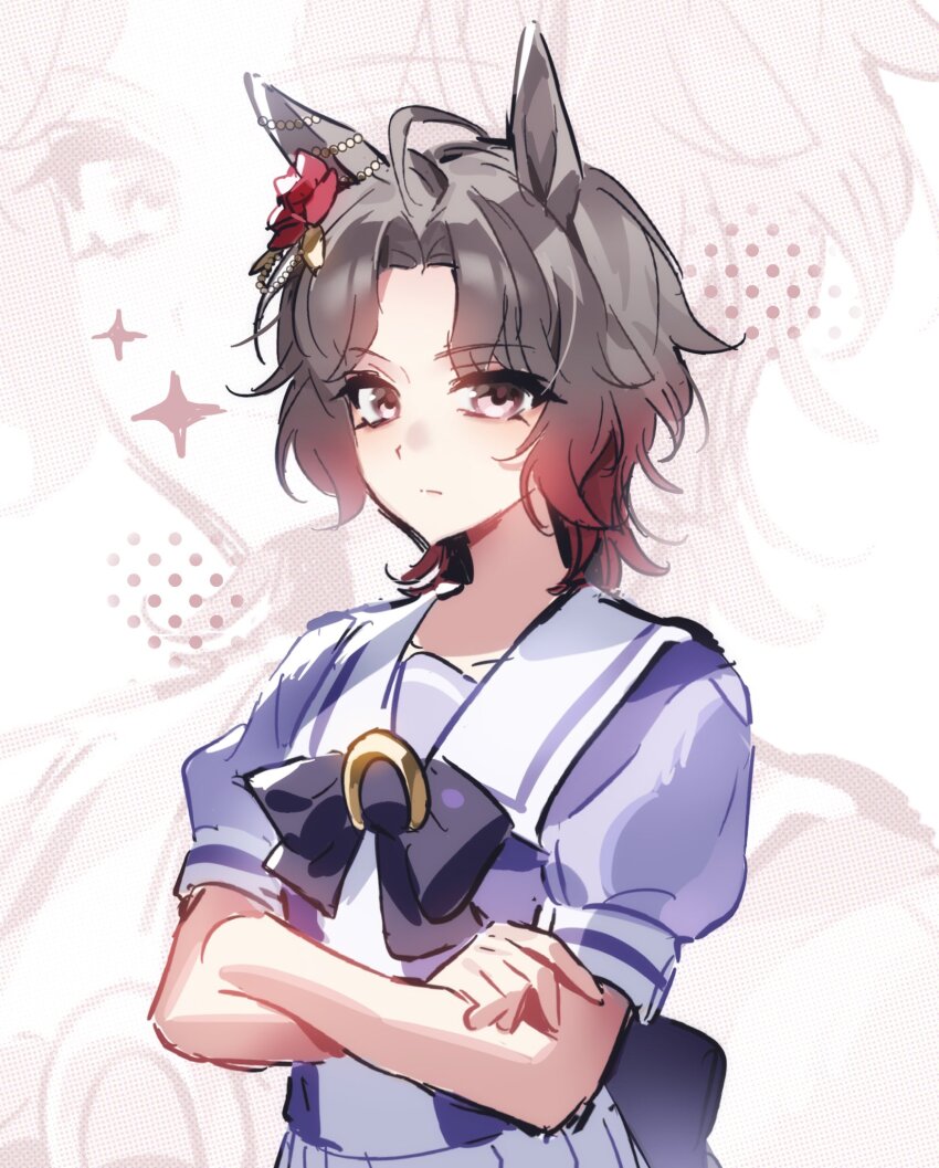 animal_ears, blush, bow, bowtie, brown_hair, chills_210, closed_mouth, crossed_arms