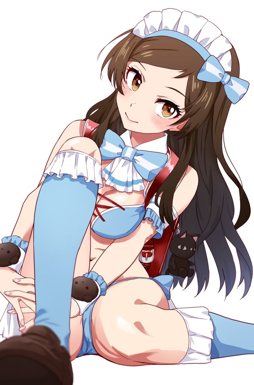 1girl, backpack, bag, bikini, blue_bikini, blue_bow, blue_bowtie, blue_socks