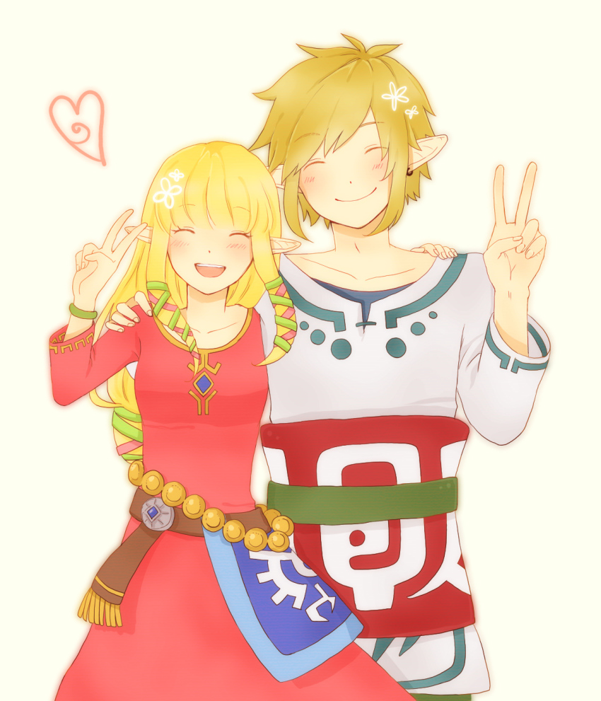 1boy, 1girl, blonde_hair, bracelet, couple, earrings, heart, hetero, highres, jewelry, karury, link, long_hair, nintendo, pointy_ears, princess_zelda, smile, the_legend_of_zelda, the_legend_of_zelda:_skyward_sword, v