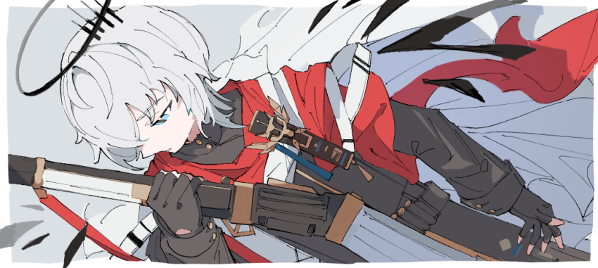 1boy, arknights, black_gloves, black_shirt, blue_eyes, border, cape, commentary_request