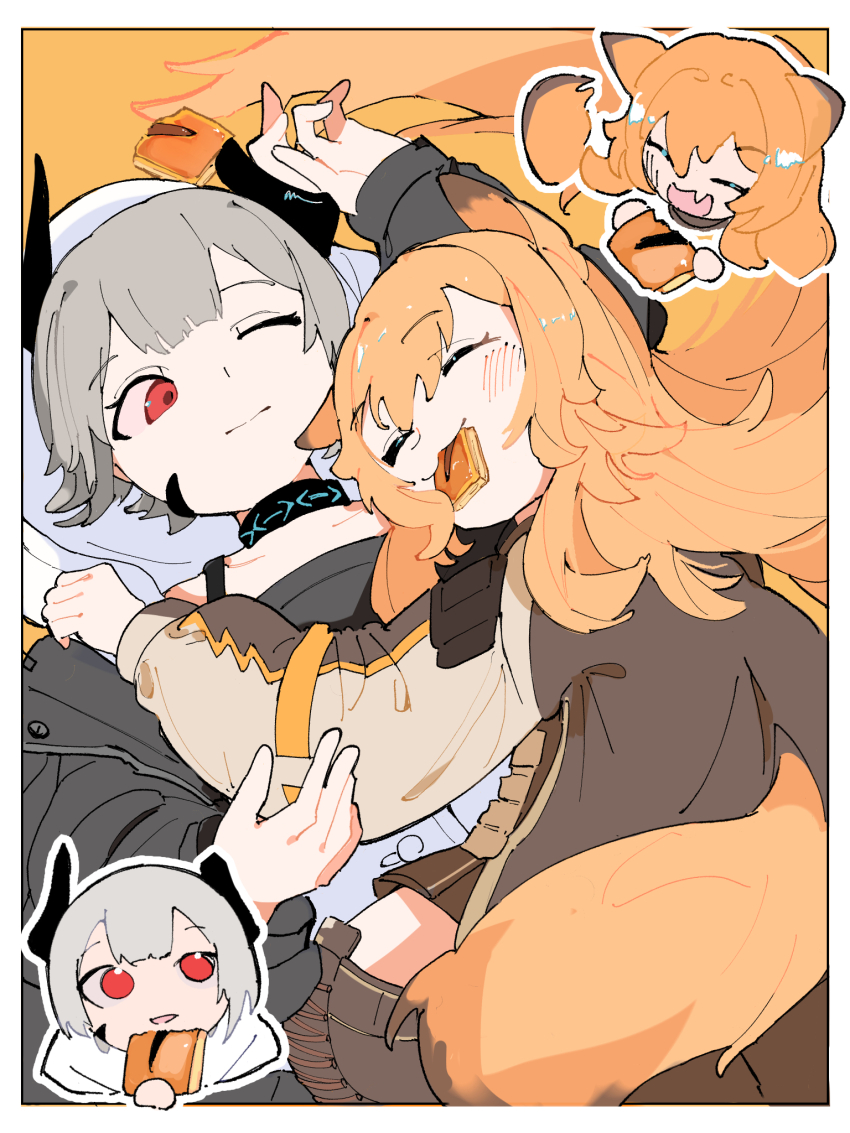 2girls, :3, animal_ears, arknights, black_jacket, blush, border, brown_jacket, ceobe_(arknights), chibi, chibi_inset, closed_eyes, commentary, cowboy_shot, demon_horns, dog_ears, dog_girl, dog_tail, food_in_mouth, grey_hair, highres, horns, hug, infection_monitor_(arknights), jacket, long_hair, long_sleeves, lying, multiple_girls, on_back, one_eye_closed, orange_background, orange_hair, outline, r_(user_xckx2527), red_eyes, simple_background, tail, vulcan_(arknights), white_border