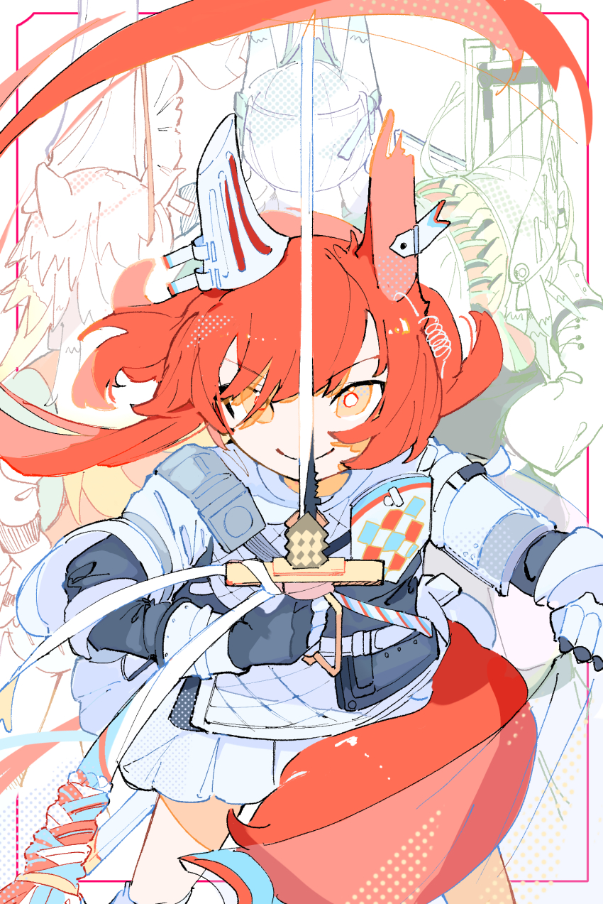 4girls, animal_ears, arknights, armor, ashlock_(arknights), commentary, cowboy_shot, dress, facing_away, fartooth_(arknights), flametail_(arknights), helmet, highres, holding, holding_sword, holding_weapon, long_hair, looking_at_viewer, multiple_girls, r_(user_xckx2527), red_eyes, red_hair, short_hair, simple_background, smile, squirrel_ears, squirrel_girl, squirrel_tail, sword, tail, weapon, white_background, white_dress, wild_mane_(arknights)