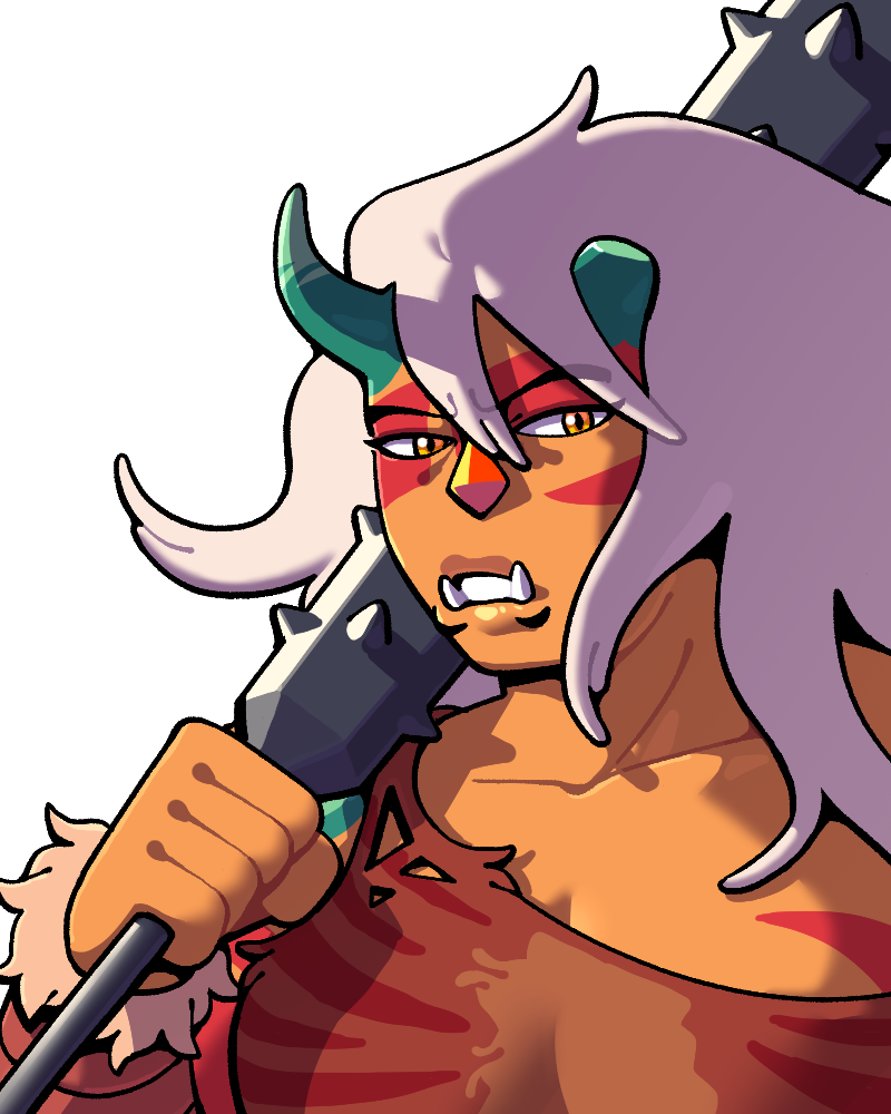 1girl, alternate_costume, breasts, broken_horn, cleavage, club, club_(weapon), colored_skin, discount-supervillain, gem, gem_(steven_universe), green_horns, horns, jasper_(steven_universe), jasper_(uncorrupted)_(steven_universe), kanabou, long_hair, muscular, muscular_female, oni, orange_eyes, orange_skin, shirt, solo, spiked_club, steven_universe, steven_universe_future, striped_skin, teeth, tusks, weapon, white_hair
