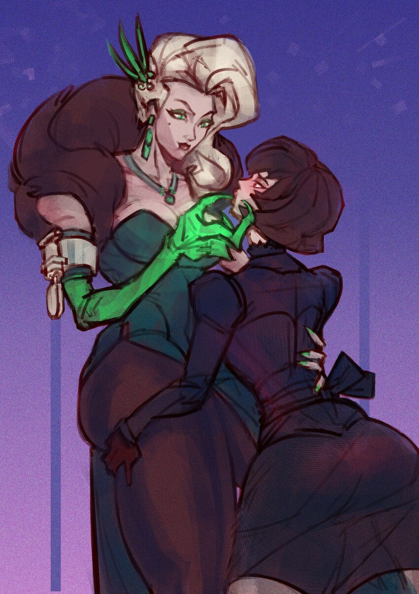 2girls, armlet, black_hair, black_jacket, black_pantyhose, breasts, clawed_hands, commentary, deadlock_(game), dress, earrings, english_commentary, eye_contact, eyeshadow, fur_scarf, gloves, grabbing_another's_chin, gradient_background, green_dress, green_eyes, green_eyeshadow, hand_on_another's_chin, hand_on_another's_face, height_difference, highres, holding_another's_thighs, jacket, jewelry, lady_geist_(deadlock), lock, looking_at_another, looking_down, looking_up, makeup, medium_breasts, medium_hair, mina_(deadlock), mossdraw, multiple_girls, necklace, pantyhose, prosthesis, prosthetic_arm, purple_background, red_eyes, red_gloves, red_lips, see-through_clothes, see-through_skirt, silver_armlet, single_earring, skirt, thick_thighs, thighs, vampire, white_hair, yuri