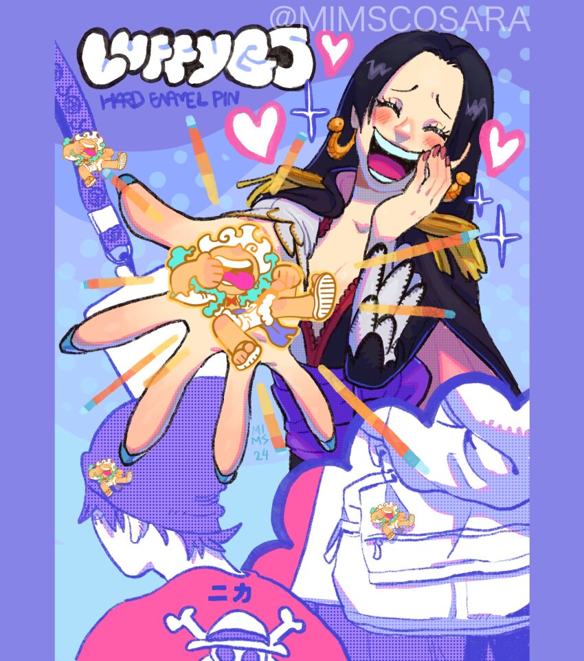 1boy, 1girl, ^_^, alternate_form, back, black_dress, blush, boa_hancock