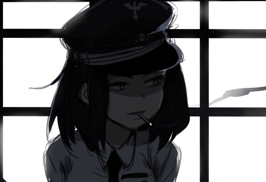 1girl, breast_pocket, cigarette, commentary, greyscale, hat, kill-chan, looking_to_the_side