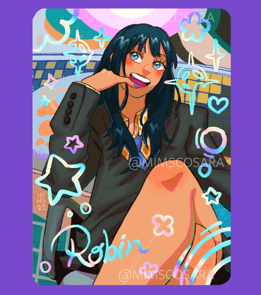 1girl, black_hair, black_jacket, blue_eyes, blunt_bangs, blush, border, card_(medium)