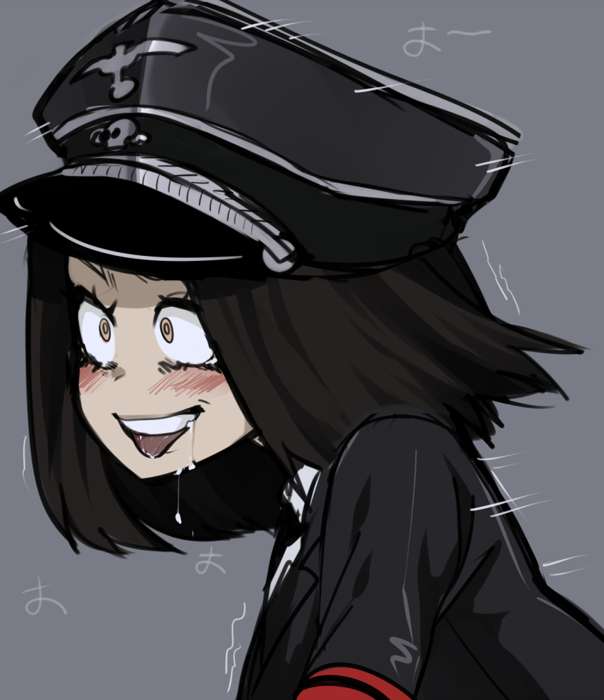 1girl, armband, black_hair, blush, commentary_request, constricted_pupils, drooling, grey_background