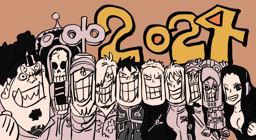 2024, 2girls, 6+boys, ^_^, absurdres, afro, brook_(one_piece), brook_(one_piece)_(egghead)