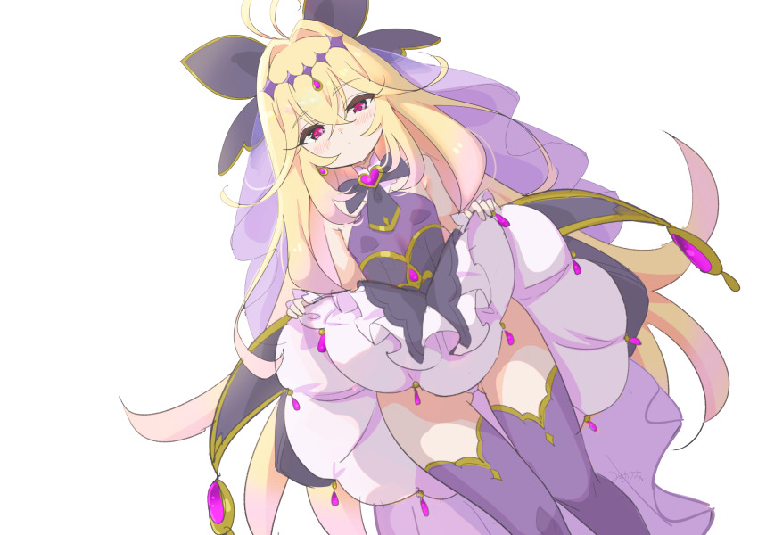 1girl, antenna_hair, black_bow, black_bowtie, black_dress, black_thighhighs, blonde_hair, blush