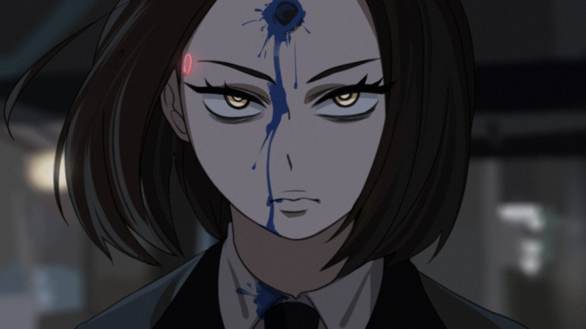 1girl, blood, blood_from_forehead, blue_blood, brown_hair, bullet_wound, cyborg, detroit:_become_human