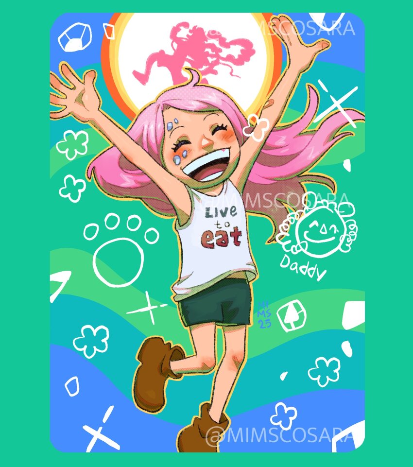 1girl, ^_^, arms_up, bandaid, bandaid_on_arm, blush, boots, border