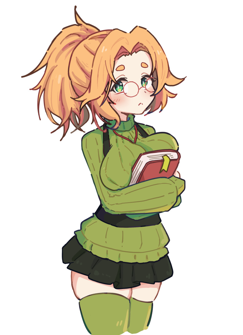 1girl, absurdres, black_skirt, blonde_hair, book, breasts, commentary, crossed_arms