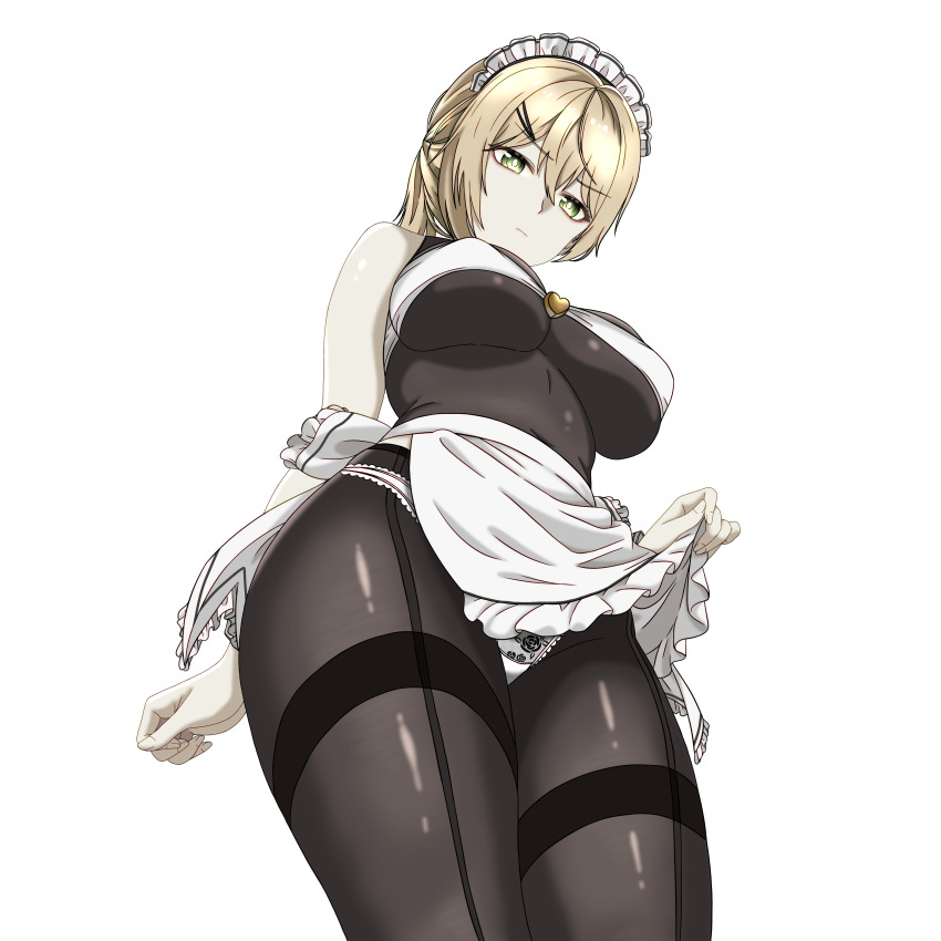 1girl, absurdres, apron, apron_lift, bare_shoulders, blonde_hair, breast_strap, breasts