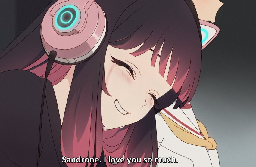 2girls, ^_^, alternate_costume, animal_ear_headphones, animal_ears, black_shirt, cat_ear_headphones, cat_ears