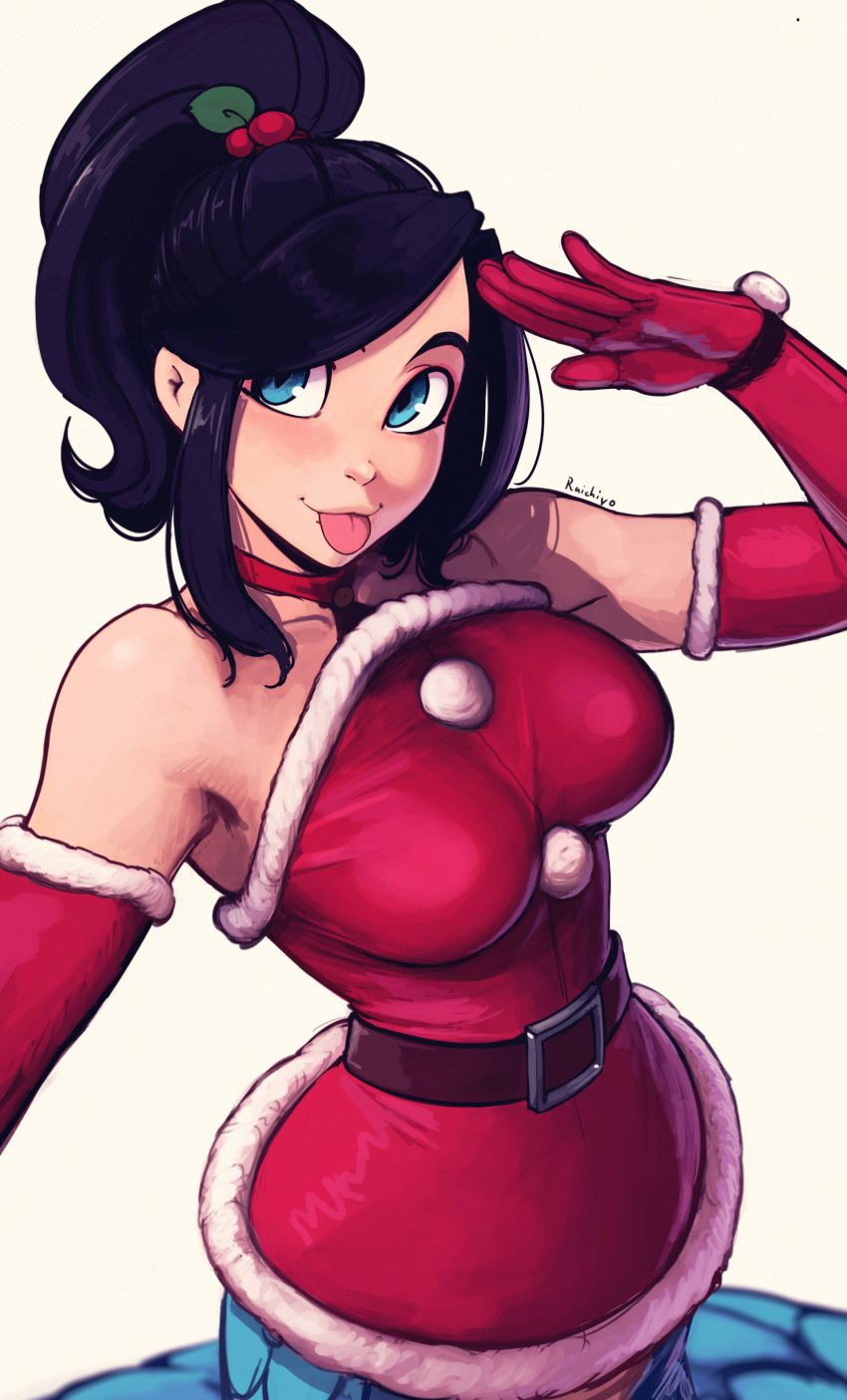 1girl, :p, absurdres, artist_name, bare_shoulders, belt, black_hair, blue_eyes