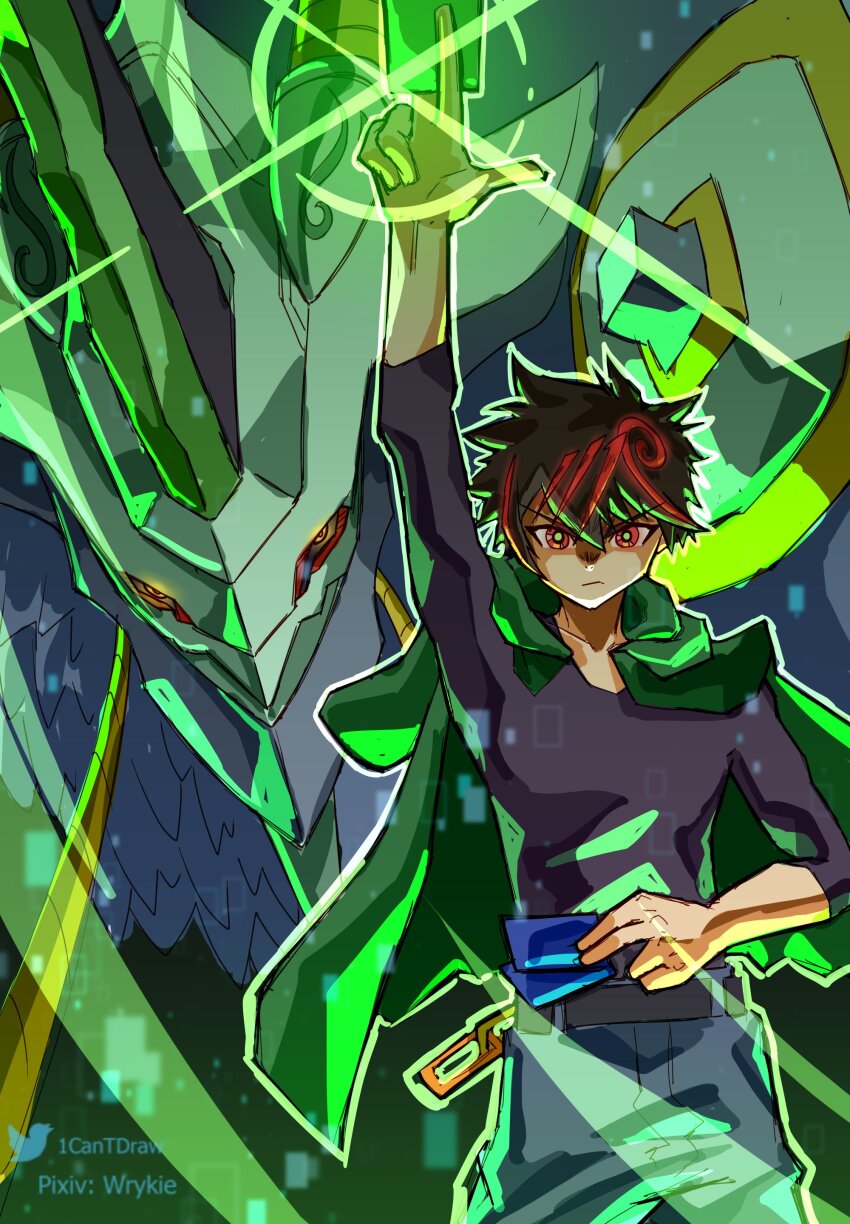 1boy, absurdres, black_hair, blue_pants, card, commentary, cowboy_shot, digimon, digimon_(creature), digimon_card_game, digimon_liberator, dragon, green_jacket, highres, holding, holding_card, horns, jacket, jacket_on_shoulders, kazama_shoto, male_focus, multicolored_hair, pants, red_hair, richard_park, short_hair, single_horn, streaked_hair, trading_card, two-tone_hair, vortexdramon