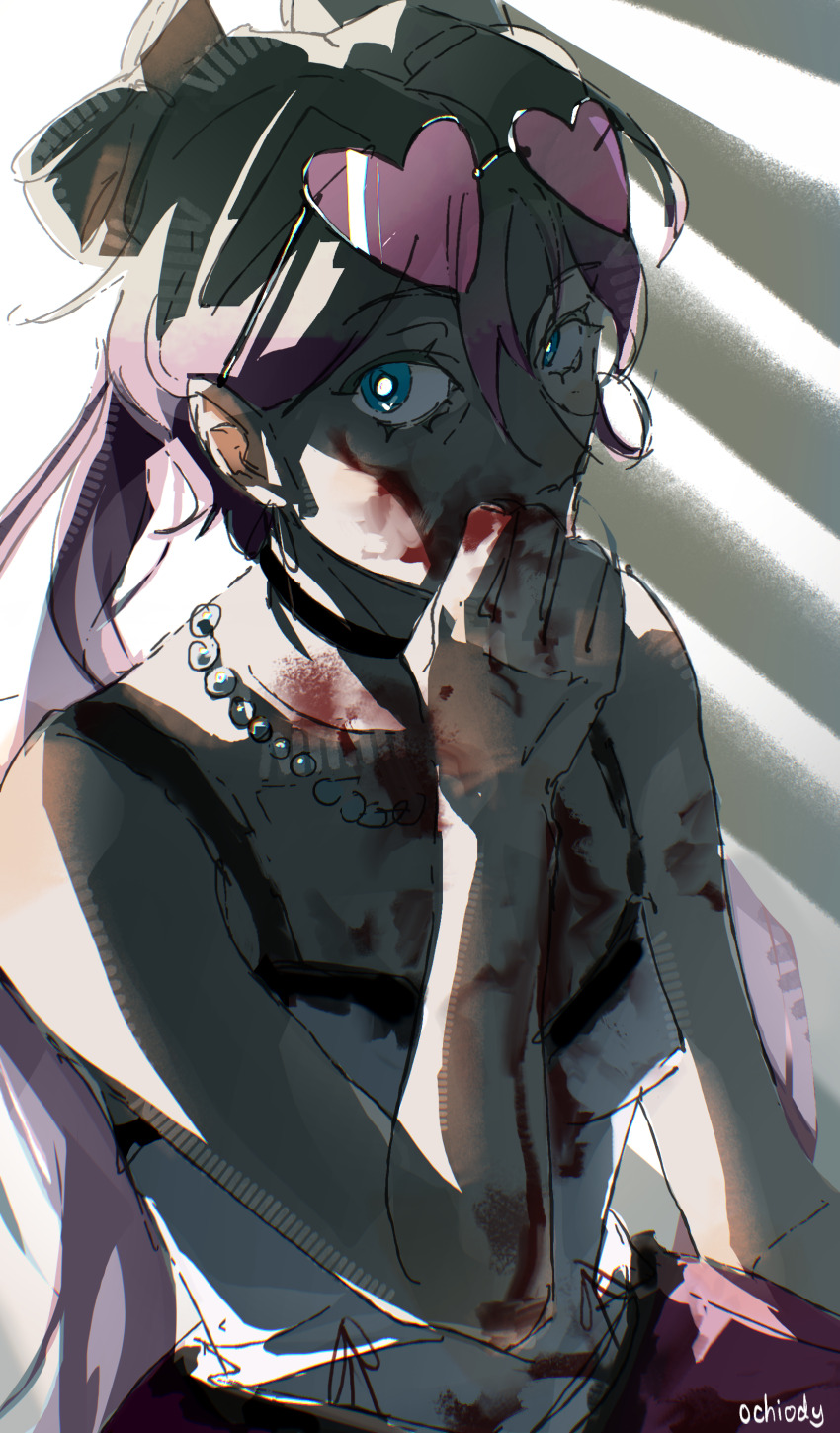 1girl, absurdres, angel_(killer_chat), backlighting, blonde_hair, blood, blood_on_clothes, blood_on_face