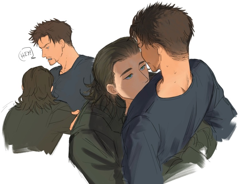 2boys, avengers_(series), black_hair, black_shirt, blue_eyes, brown_eyes, brown_hair, chttwn