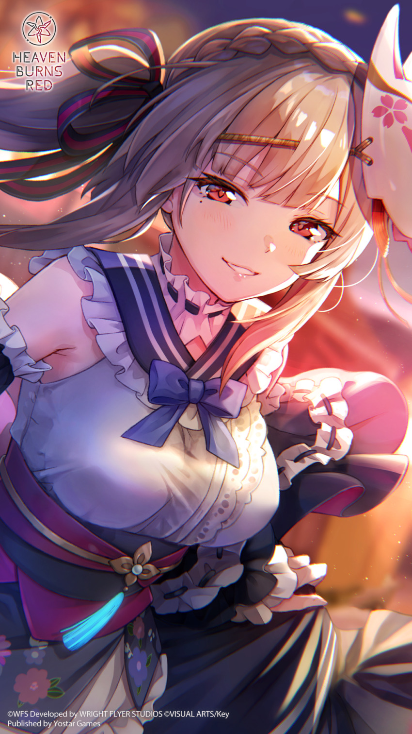 1girl, backlighting, bare_shoulders, belt_buckle, black_skirt, black_sleeves, blunt_bangs, blurry