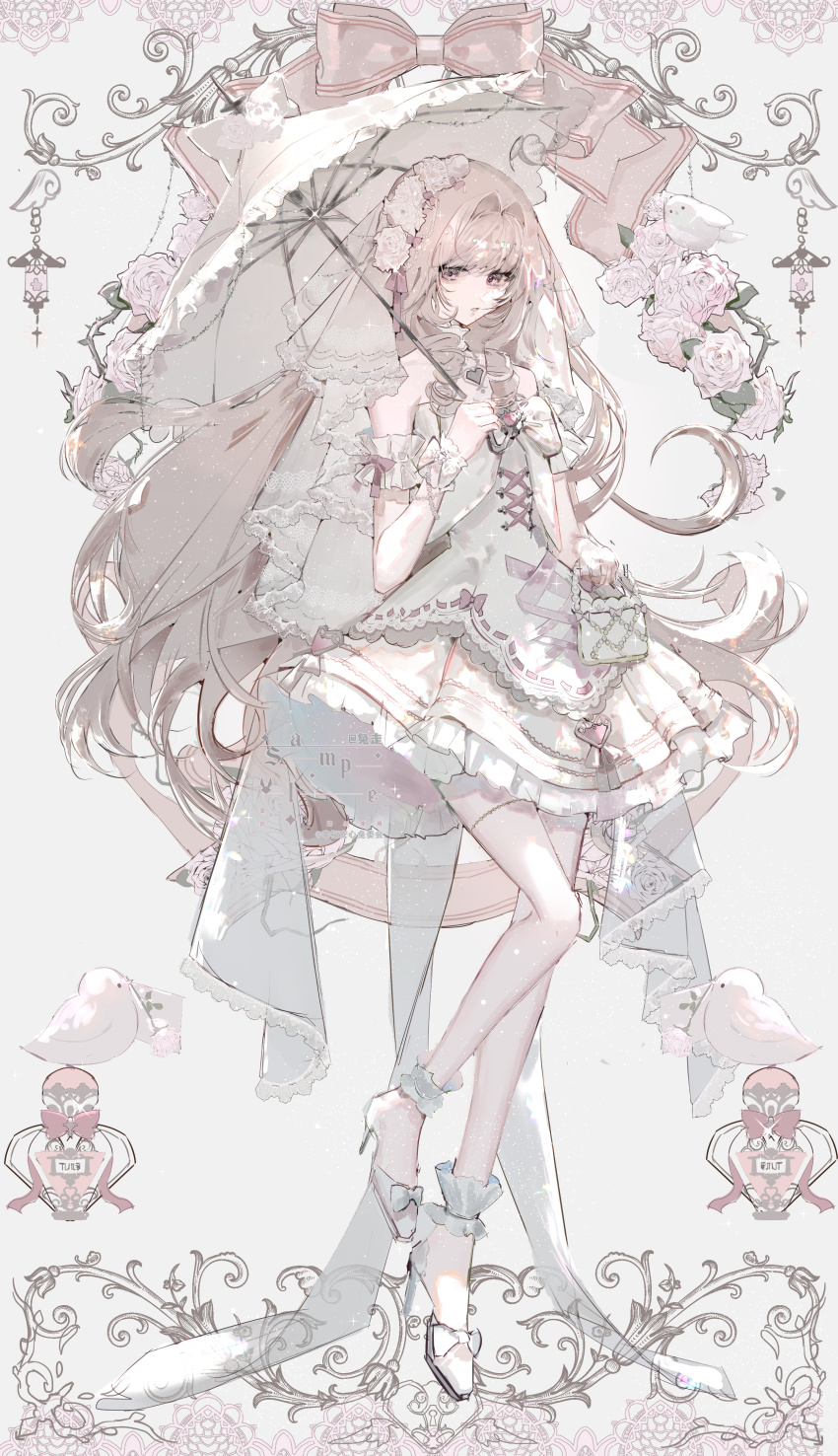 1girl, absurdres, apron, backless_dress, backless_outfit, bag, bare_legs, bare_shoulders