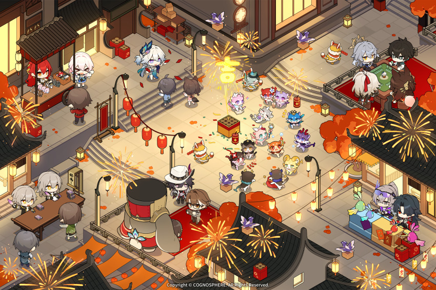 6+boys, 6+girls, aerial_fireworks, aglaea_(honkai:_star_rail), aglaea_(oatmeal)_(honkai:_star_rail), anaxa_(honkai:_star_rail), anaxa_(nanus)_(honkai:_star_rail), architecture