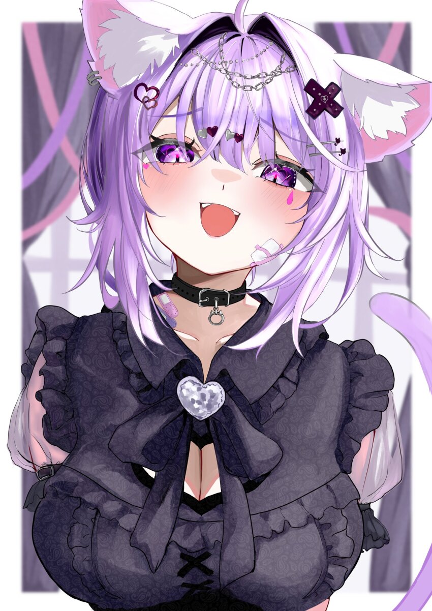 1girl, alternate_costume, animal_ear_fluff, animal_ears, black_dress, blurry, blurry_background, blush, border, breasts, cat_day, cat_ears, cat_girl, cat_tail, cleavage, commentary, dress, facial_mark, hashigo, hashtag-only_commentary, highres, hololive, large_breasts, nekomata_okayu, open_mouth, purple_eyes, purple_hair, short_hair, solo, tail, teardrop_facial_mark, virtual_youtuber, white_border