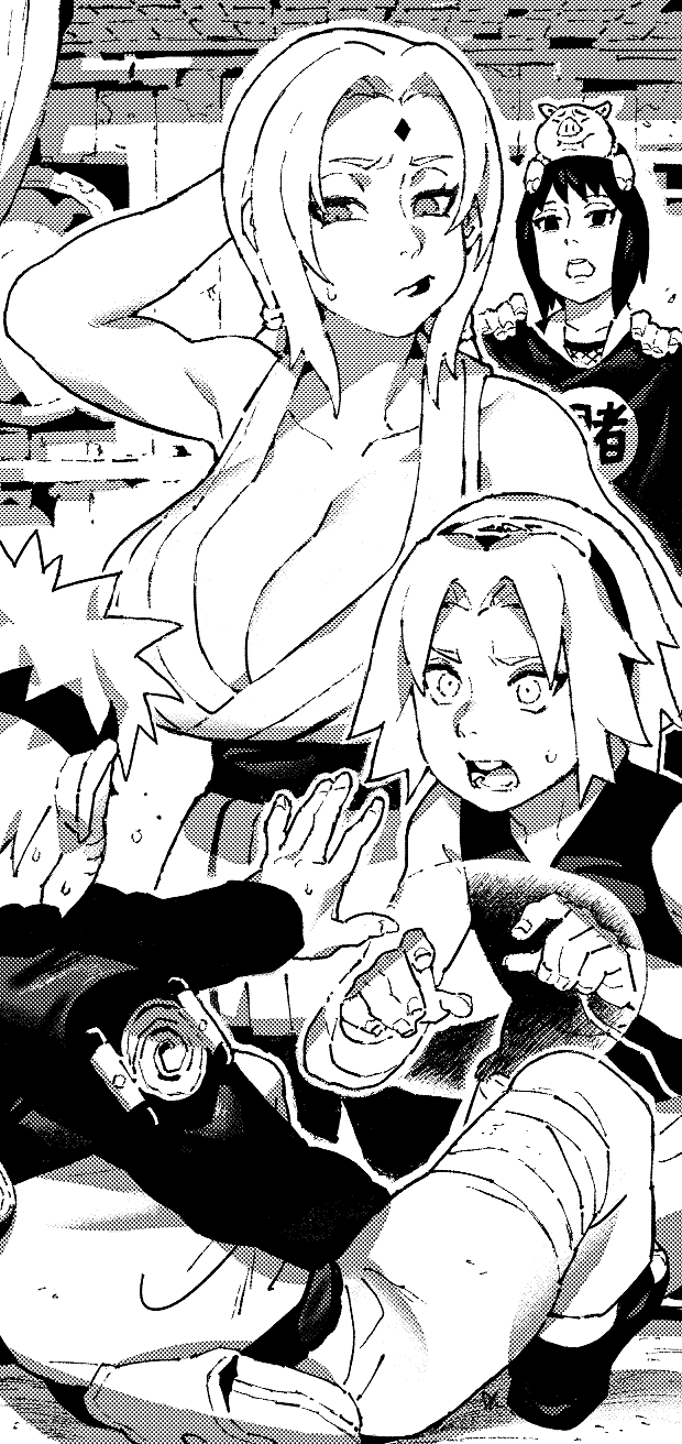 1boy, 3girls, :/, animal, animal_on_head, aroused, breasts, clueless, covering_crotch, covering_privates, curious, forehead_jewel, greyscale, haruno_sakura, highres, huge_breasts, implied_erection, implied_injury, ireading, looking_at_another, monochrome, multiple_girls, naruto_(series), naruto_shippuuden, no_bra, on_head, pig, shizune_(naruto), short_hair, sleeveless, spiked_hair, sweatdrop, tonton_(naruto), tsunade_(naruto), uzumaki_naruto