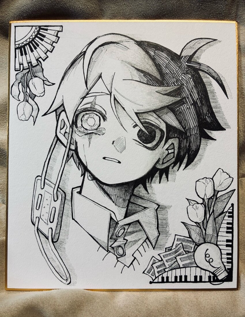 1boy, antenna_hair, collared_shirt, commentary_request, eyepatch, flower, hair_between_eyes, heterochromia