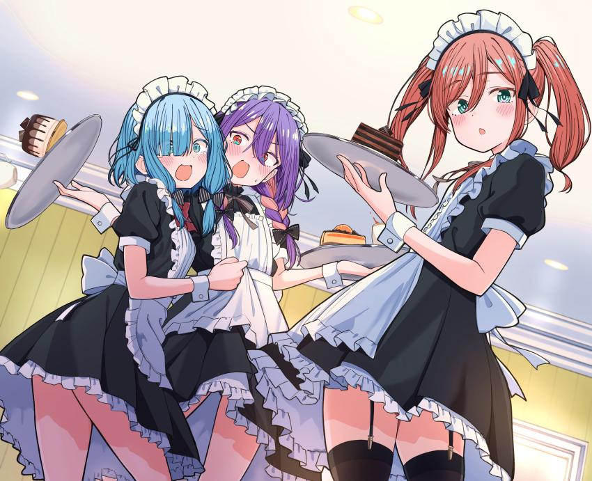 3girls, absurdres, accident, apron, aqua_eyes, black_bow, black_dress, black_garter_straps