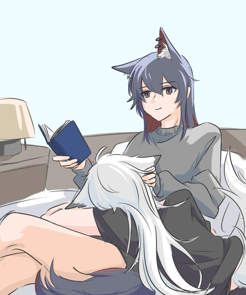 2girls, absurdres, animal_ear_fluff, animal_ear_piercing, animal_ears, arknights, black_hair, black_shirt, blue_background, colored_inner_hair, commentary, couch, english_commentary, grey_sweater, hand_on_another's_head, highres, l4m_3139, lamp, lappland_(arknights), long_hair, looking_at_another, lying_on_lap, multicolored_hair, multiple_girls, on_couch, orange_eyes, red_hair, shirt, smile, sweater, tail, texas_(arknights), white_hair, wolf_ears, wolf_girl, wolf_tail, yuri