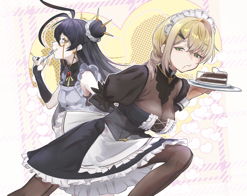 2girls, absurdres, apron, arm_behind_back, bare_shoulders, black_dress, black_hair, blonde_hair