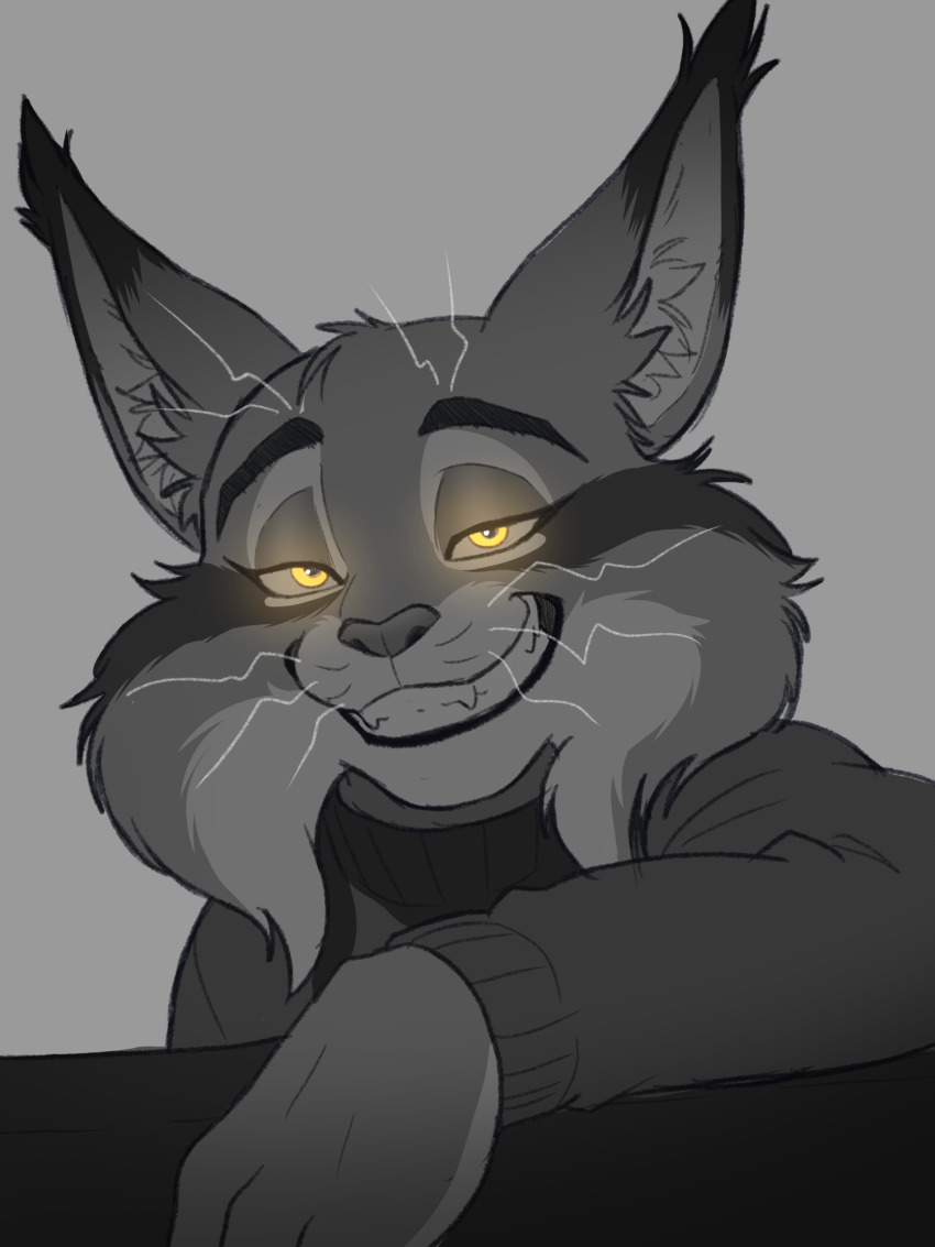 1boy, animal_ears, cat_boy, cat_ears, fangs, furry, furry_male, glowing, glowing_eyes, greyscale, grin, highres, looking_at_viewer, male_focus, monochrome, partially_colored, pawbert_lynxley, prismanoodle, smile, sweater, upper_body, whiskers, zootopia, zootopia_2